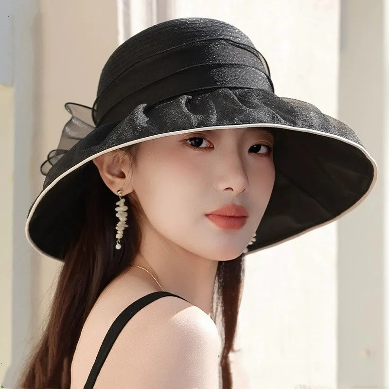 Women's Floral Wide Brim Sun Hat – Pleated Crown Layered Brim Garden Party