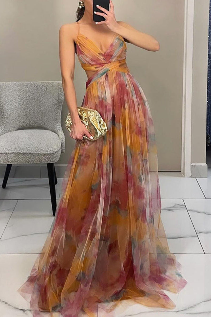 Women's Floral Wrap Maxi Dress – Spaghetti Strap V Neck Wedding Guest