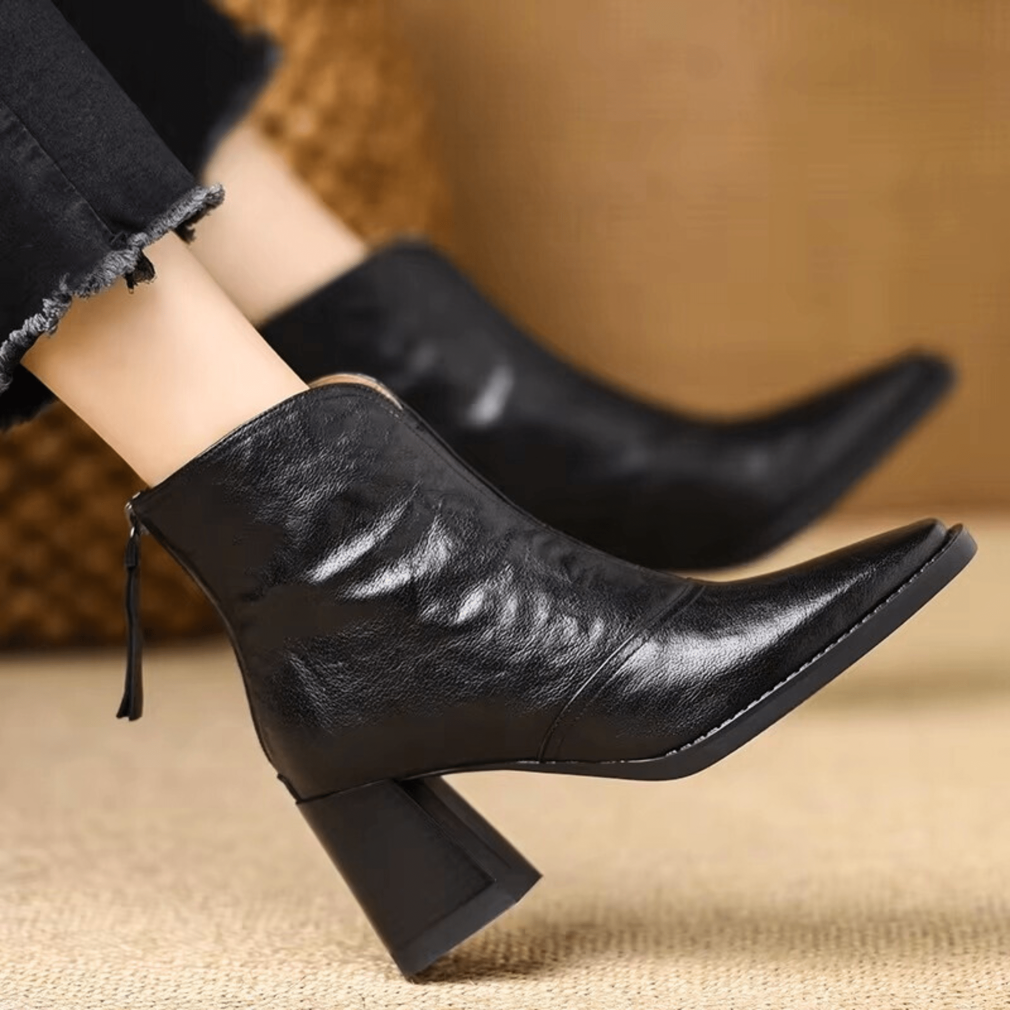 Women's Front Zip Square Toe Block Heel Ankle Boots – Fall Winter