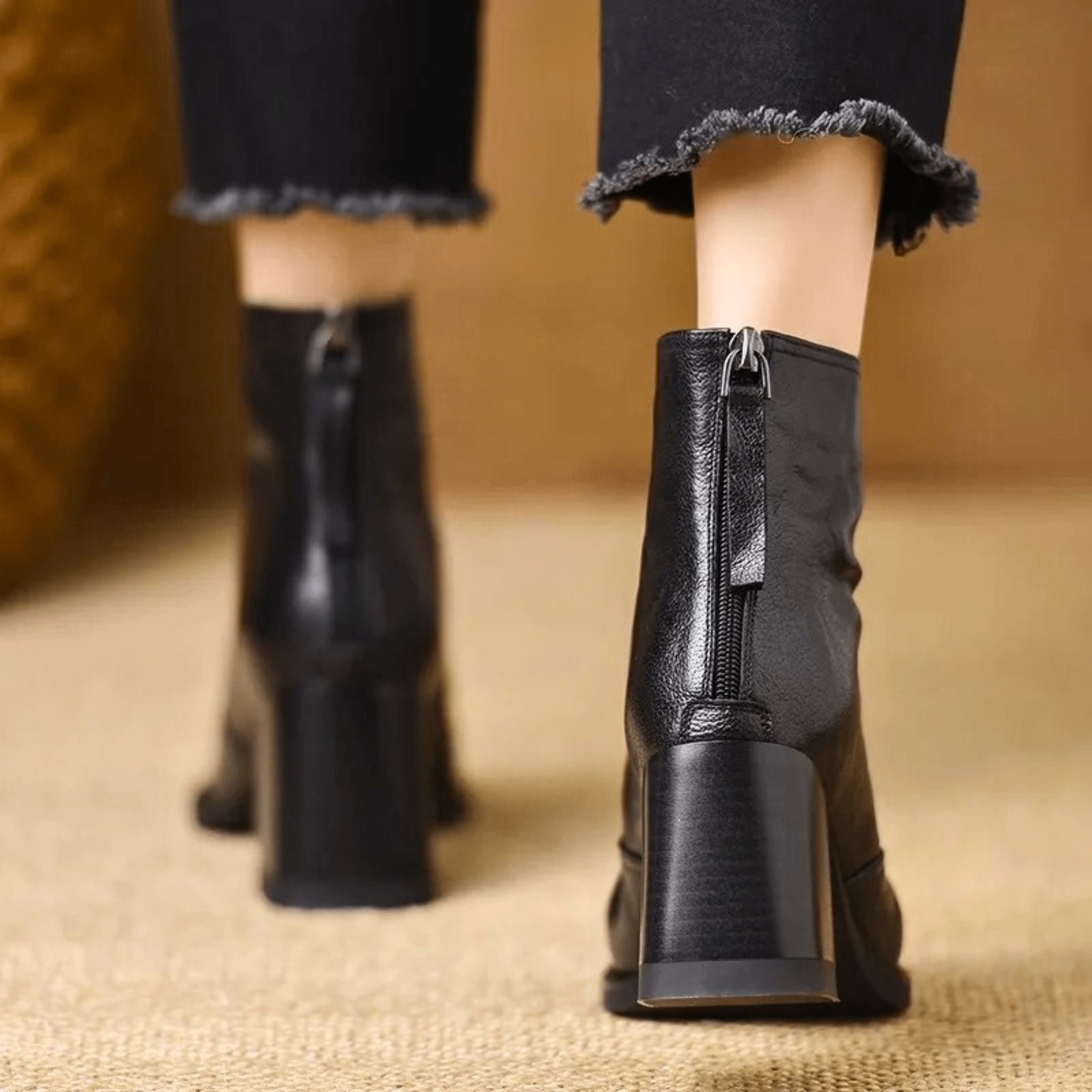Women's Front Zip Square Toe Block Heel Ankle Boots – Fall Winter