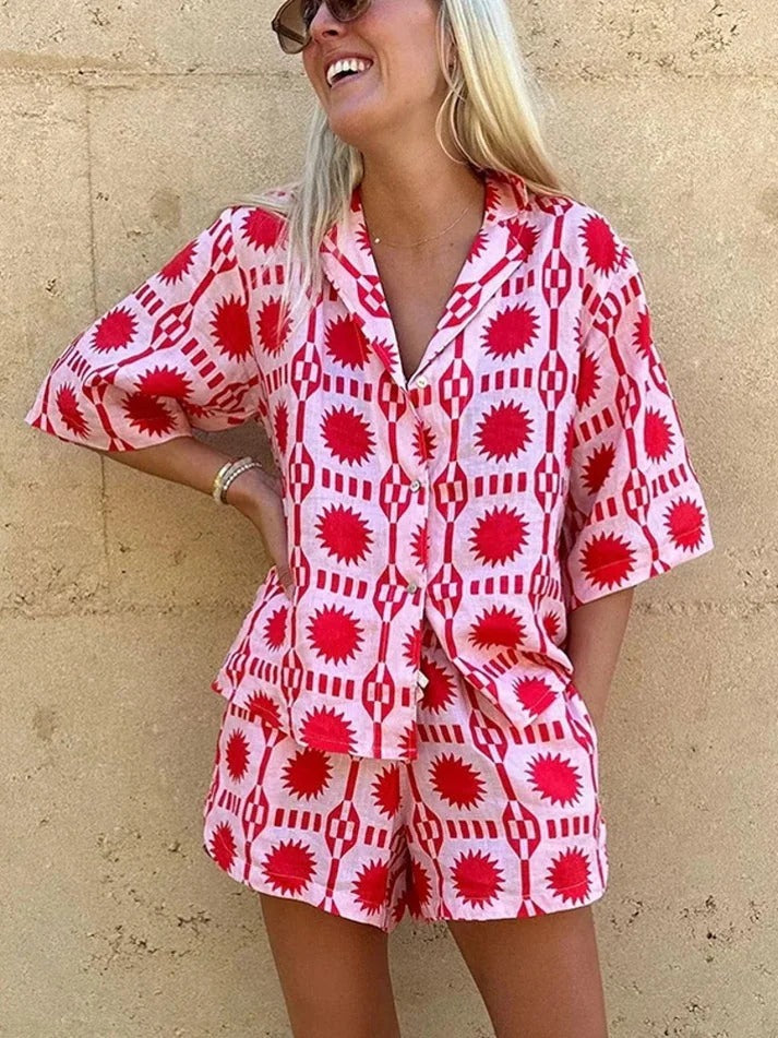 Women's Geo Print Two-Piece Summer Set – Button Shirt Drawstring Shorts Summer