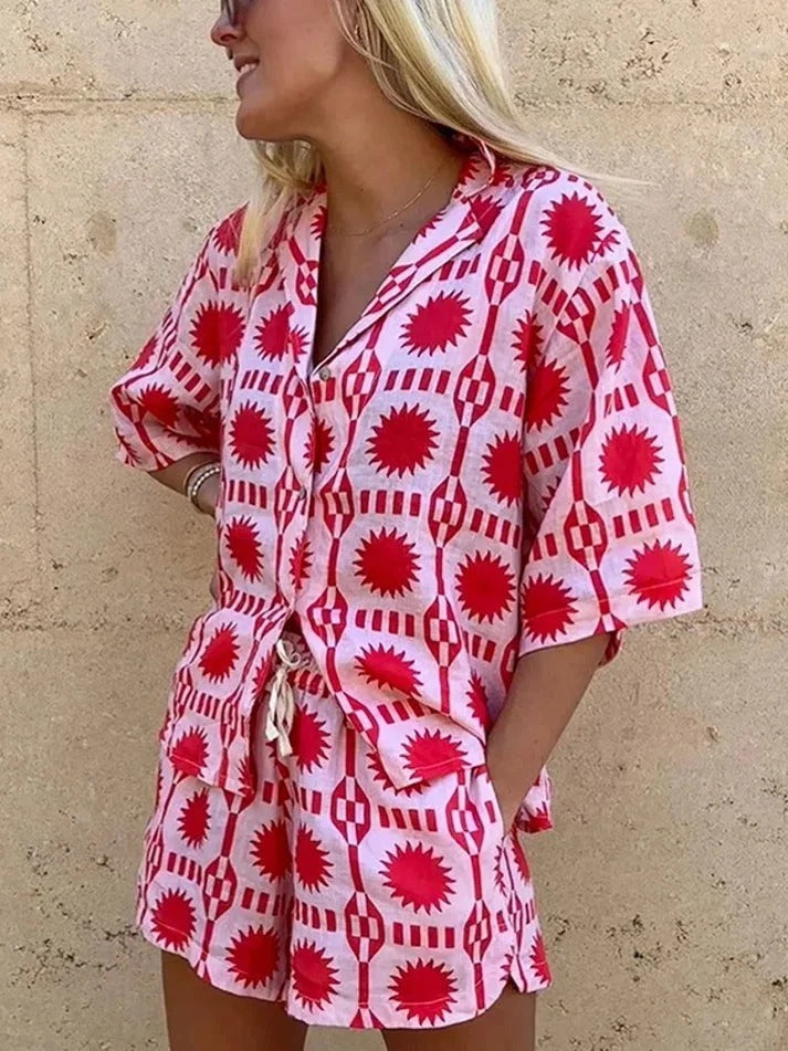 Women's Geo Print Two-Piece Summer Set – Button Shirt Drawstring Shorts Summer