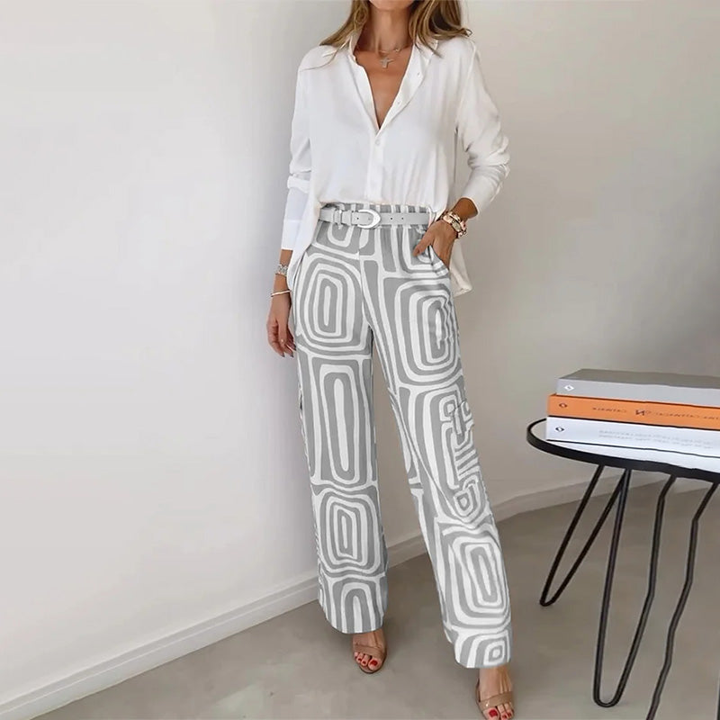 Women's Geometric Print Blouse and Pants – V Neck Long Sleeve 2 Piece Set