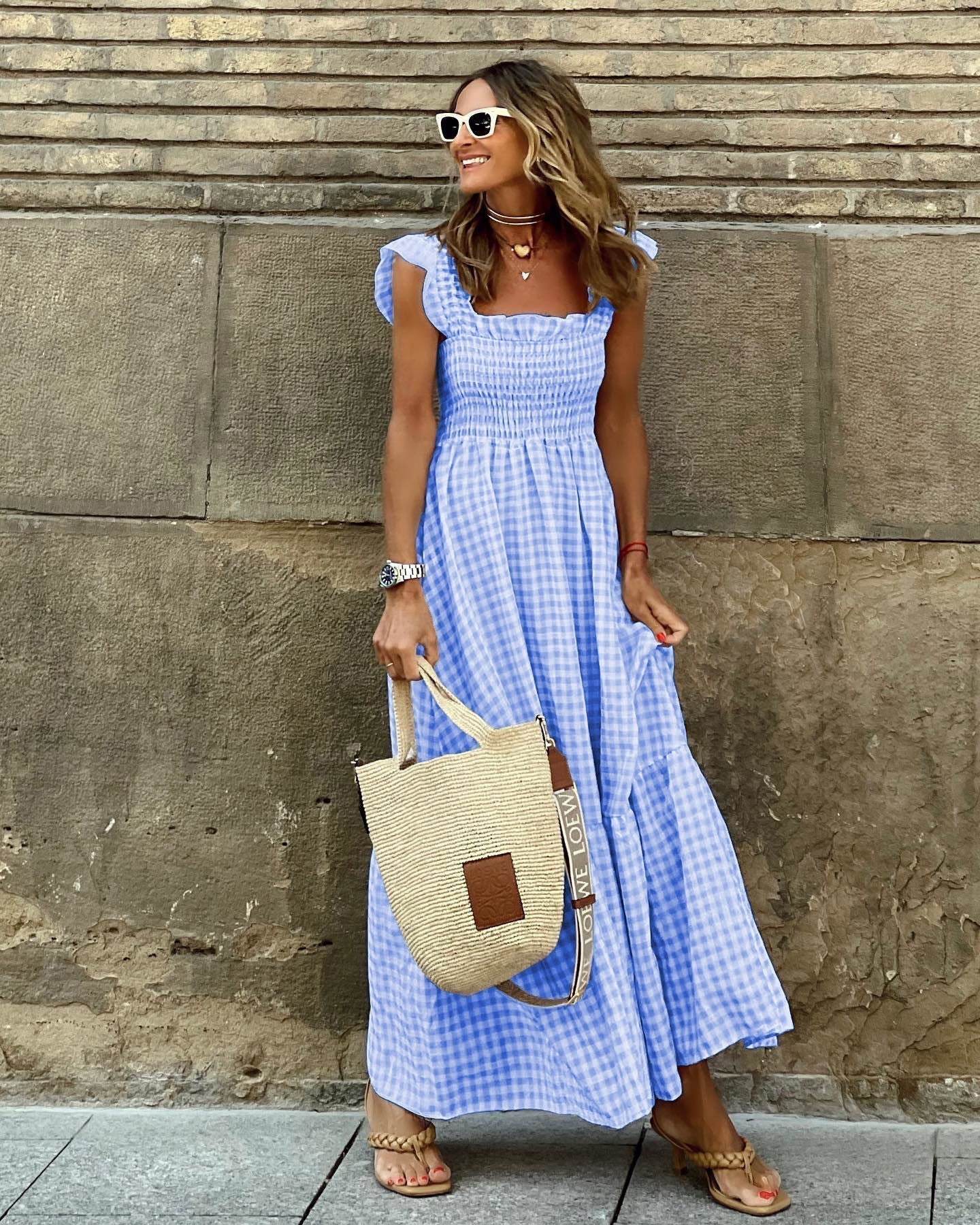 Women's Gingham Square Neck Maxi – Ruffle Sleeve Smocked Tiered Summer Dress