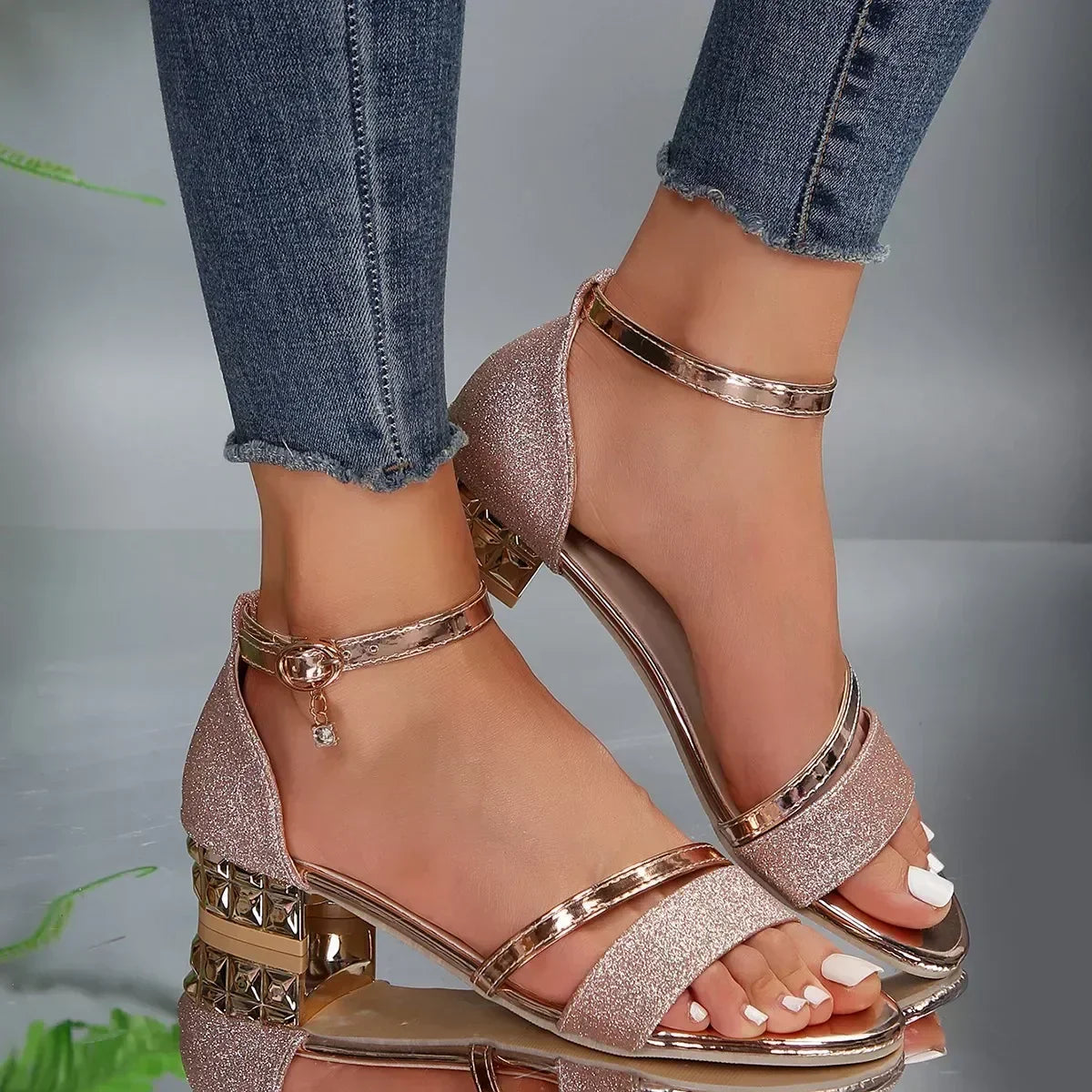 Women's Glitter Block Heel Sandals – Open Toe Ankle Strap Evening Party
