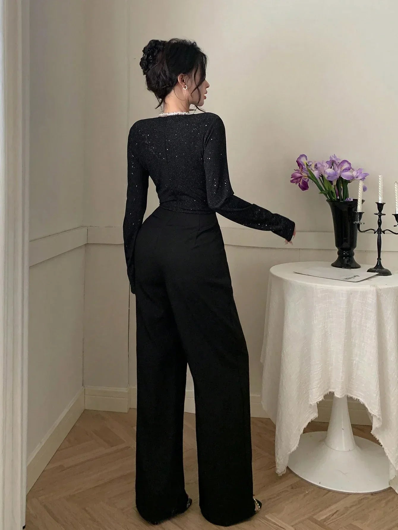 Women's Glitter Wrap Jumpsuit – Deep V Neck Long Sleeve Wide Leg Party