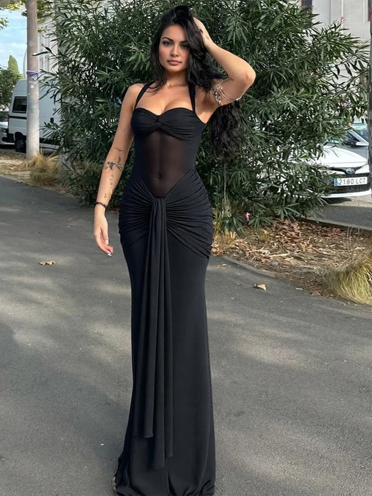 Women's Halter Maxi Dress – Ruched Sweetheart Twist Knot Wedding Guest