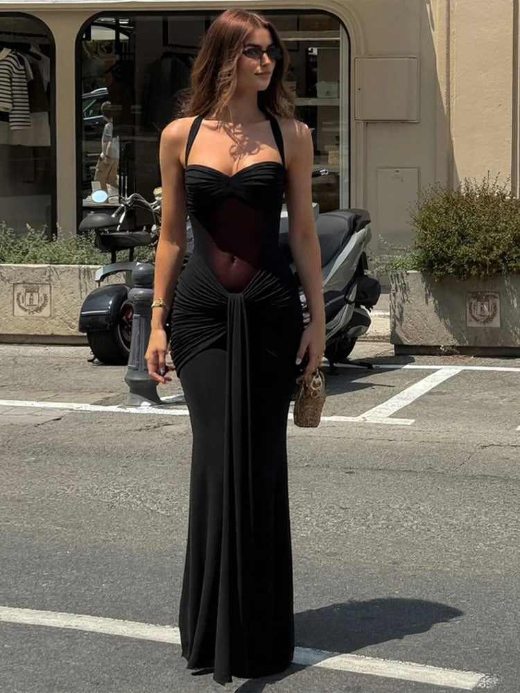 Women's Halter Maxi Dress – Ruched Sweetheart Twist Knot Wedding Guest