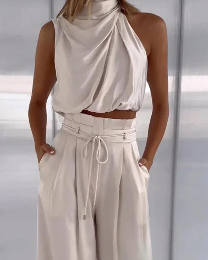 Women's Halter Neck Crop Top and Wide Leg Pants – Sleeveless 2 Piece Set