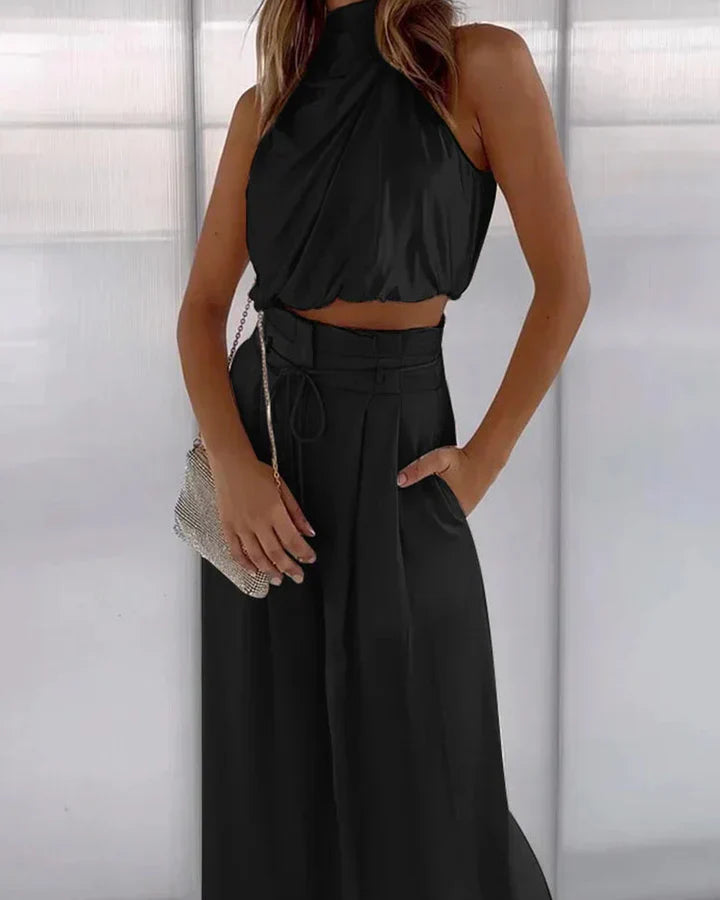 Women's Halter Neck Crop Top and Wide Leg Pants – Sleeveless 2 Piece Set