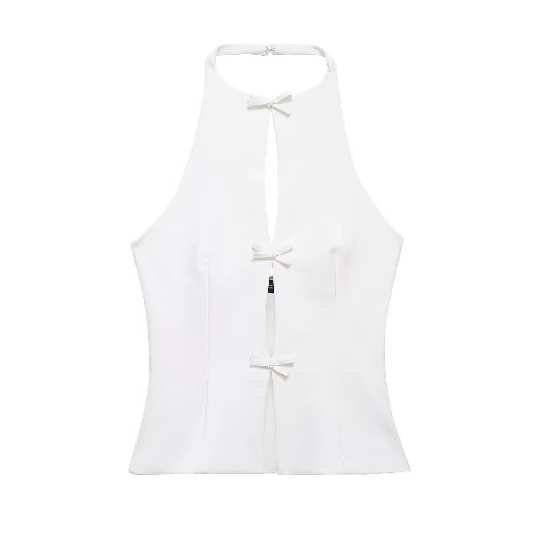 Women's Halter Neck Cut Out Top – Bow Trim Keyhole Sleeveless Party