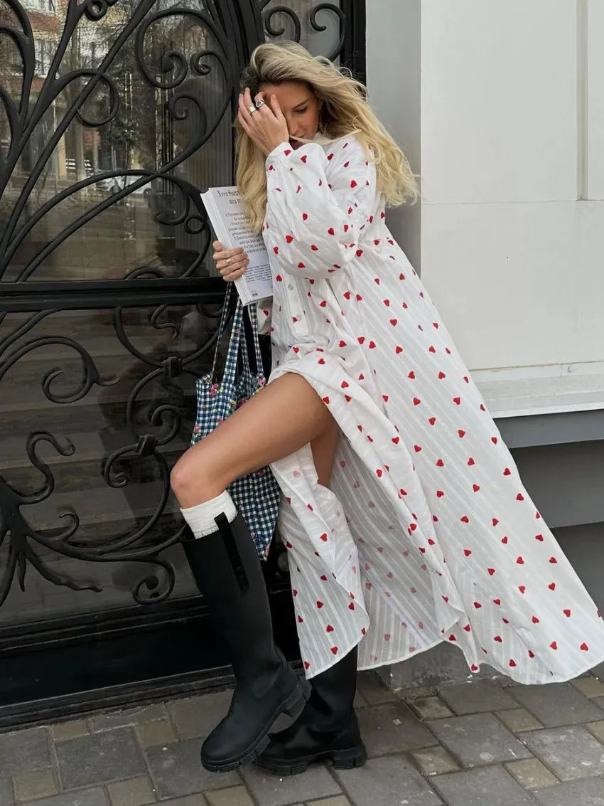 Women's Heart Print Maxi Dress – Button Front Balloon Sleeve Boho Summer