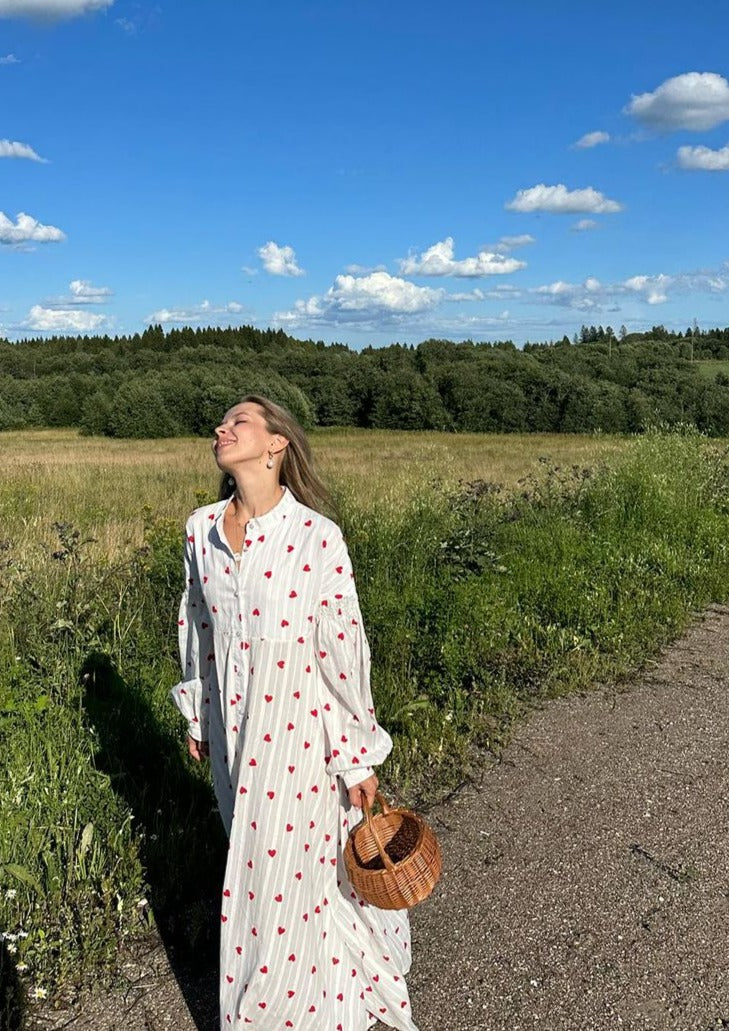 Women's Heart Print Maxi Dress – Button Front Balloon Sleeve Boho Summer
