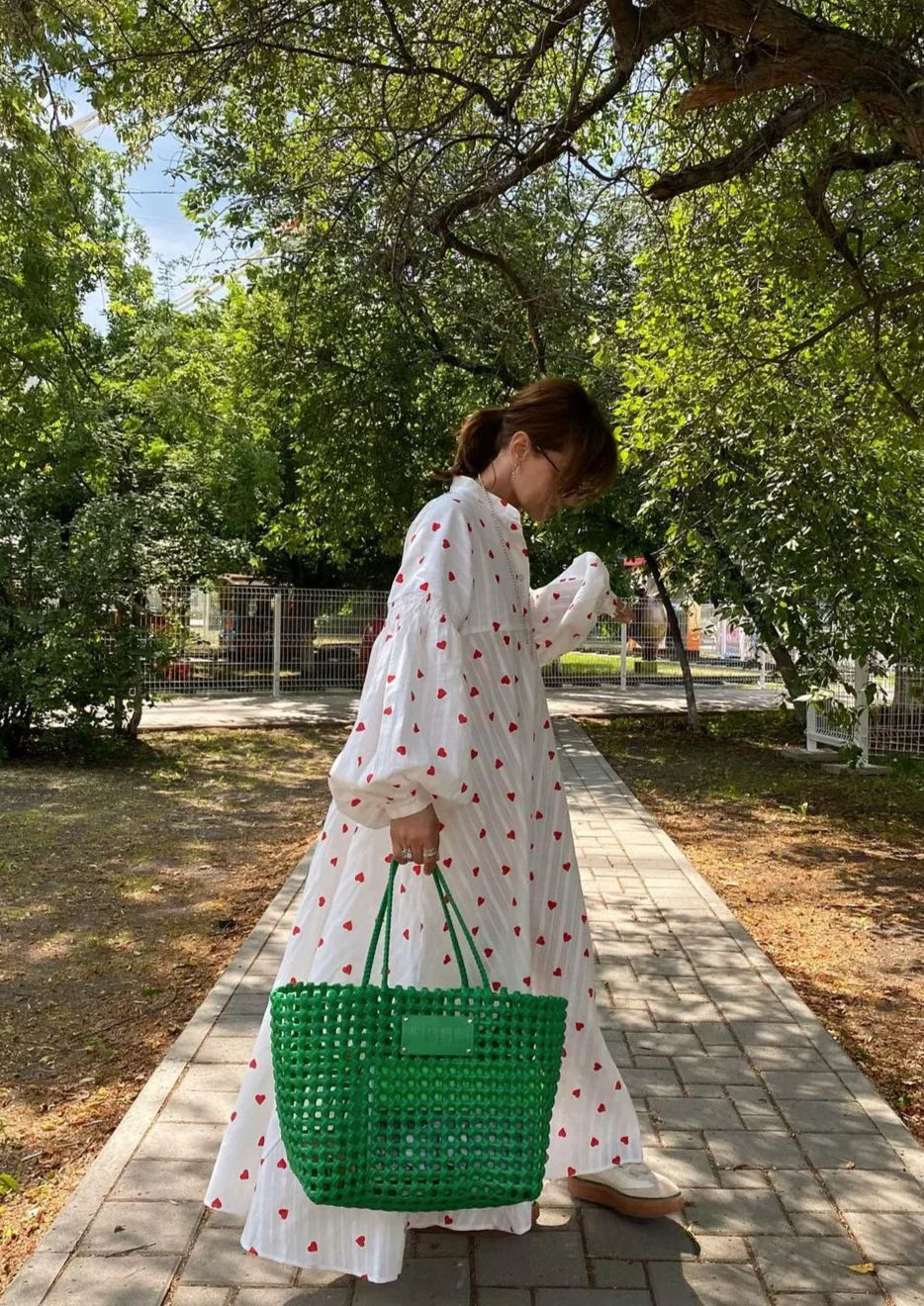 Women's Heart Print Maxi Dress – Button Front Balloon Sleeve Boho Summer