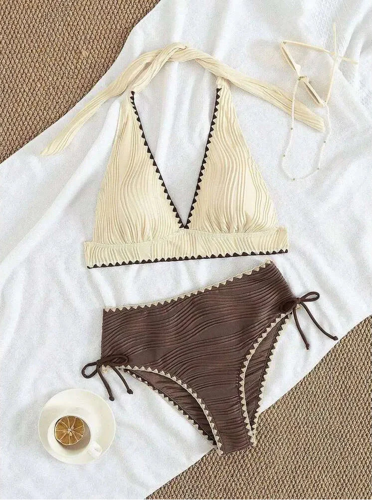 Women's High Waist Halter Bikini Set – Wave Texture V Neck Zigzag Trim Swimwear