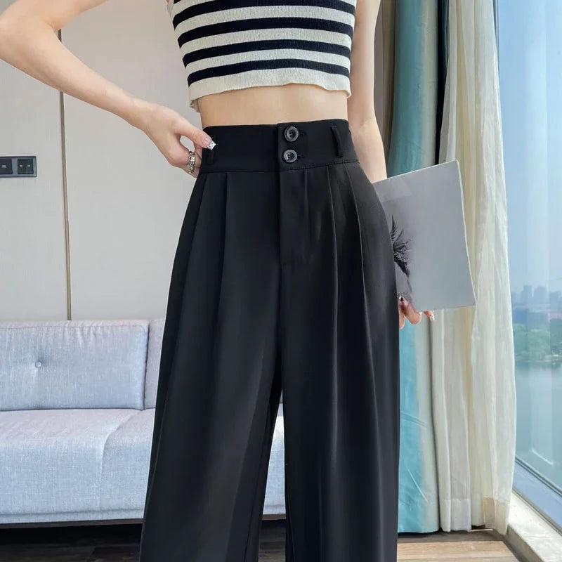 Women's High Waist Pleated Wide Leg Pants – Double Button Tailored Office