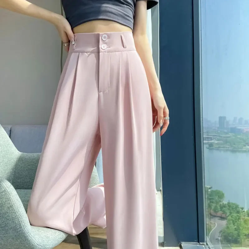 Women's High Waist Pleated Wide Leg Pants – Double Button Tailored Office