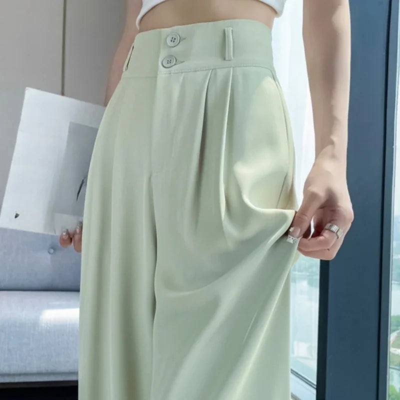 Women's High Waist Pleated Wide Leg Pants – Double Button Tailored Office
