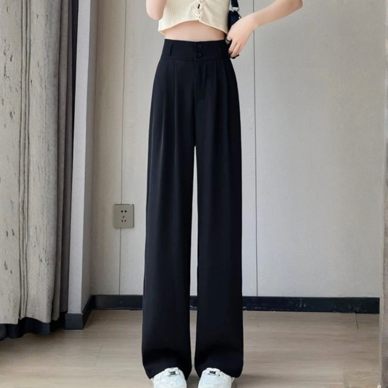 Women's High Waist Pleated Wide Leg Pants – Double Button Tailored Office