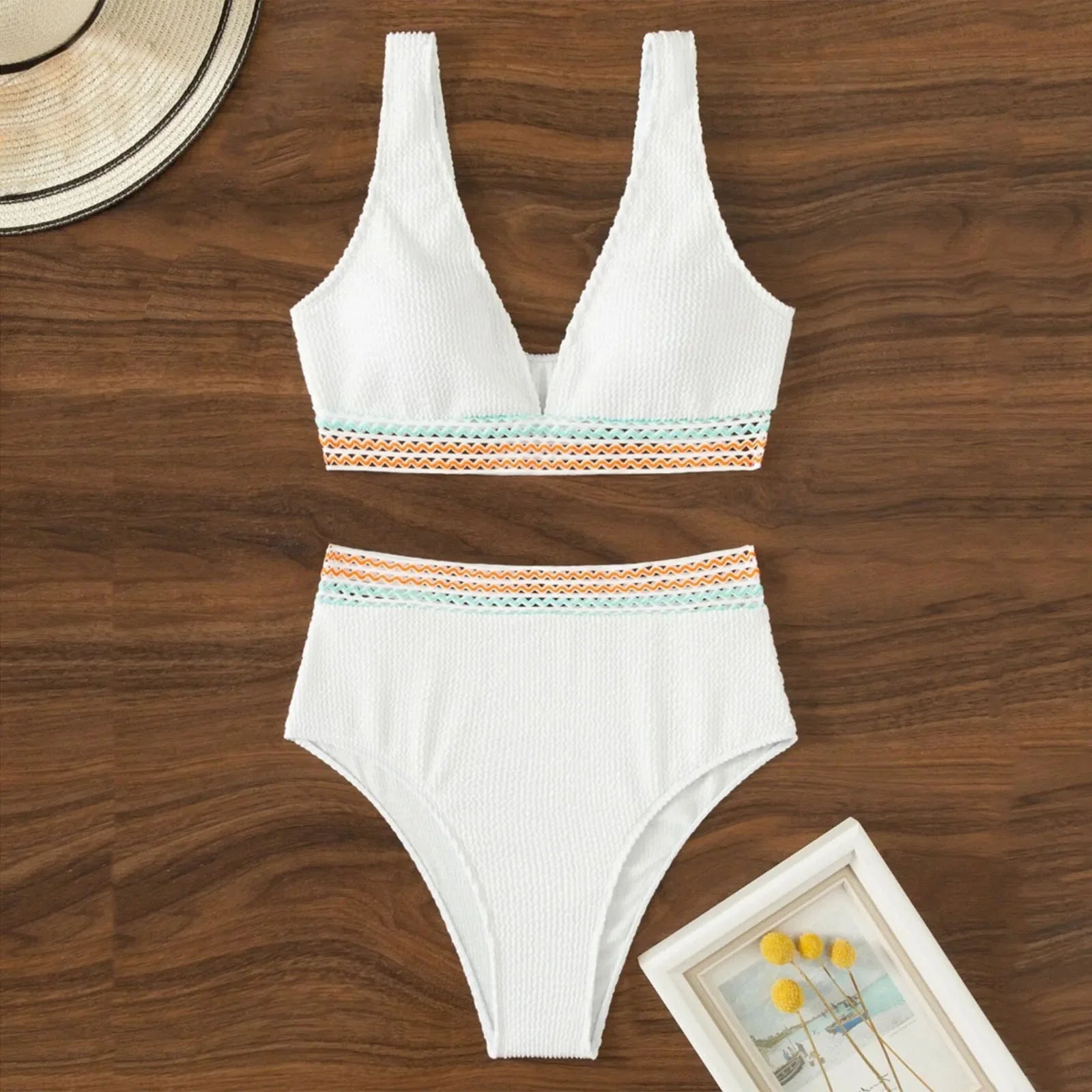 Women's High Waist V Neck Bikini Set – Crochet Band Textured Two Piece Swimsuit