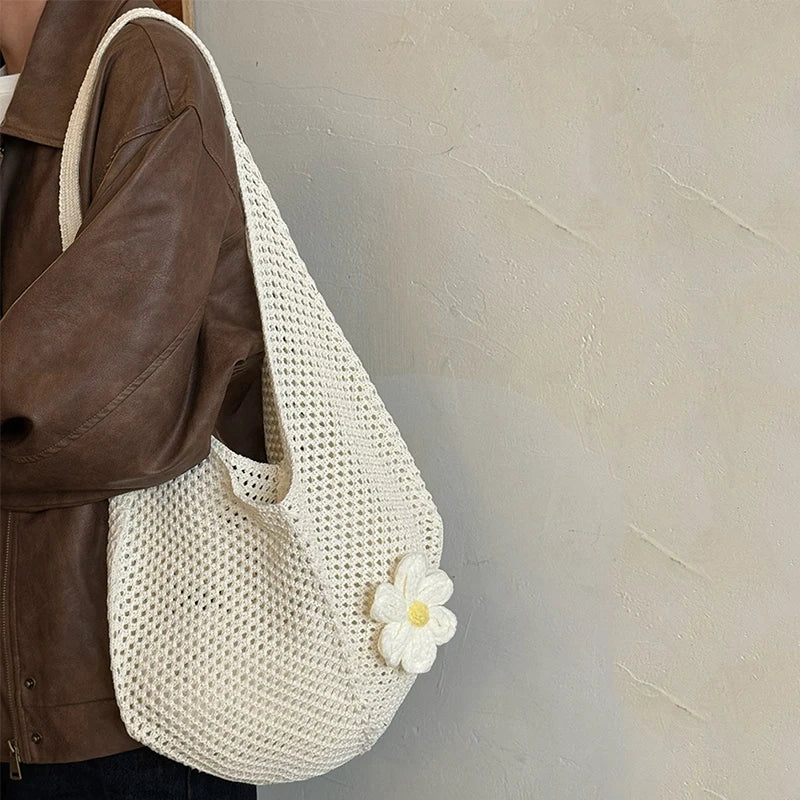Women's Hollow Weave Crochet Shoulder Bag – Flower Appliqué Hobo Beach Summer