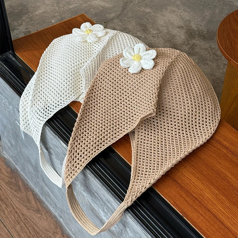 Women's Hollow Weave Crochet Shoulder Bag – Flower Appliqué Hobo Beach Summer