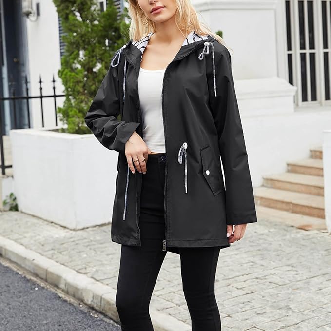 Women's Hooded Windbreaker Rain Jacket – Zip Front Stripe Lined Hood Drawstring
