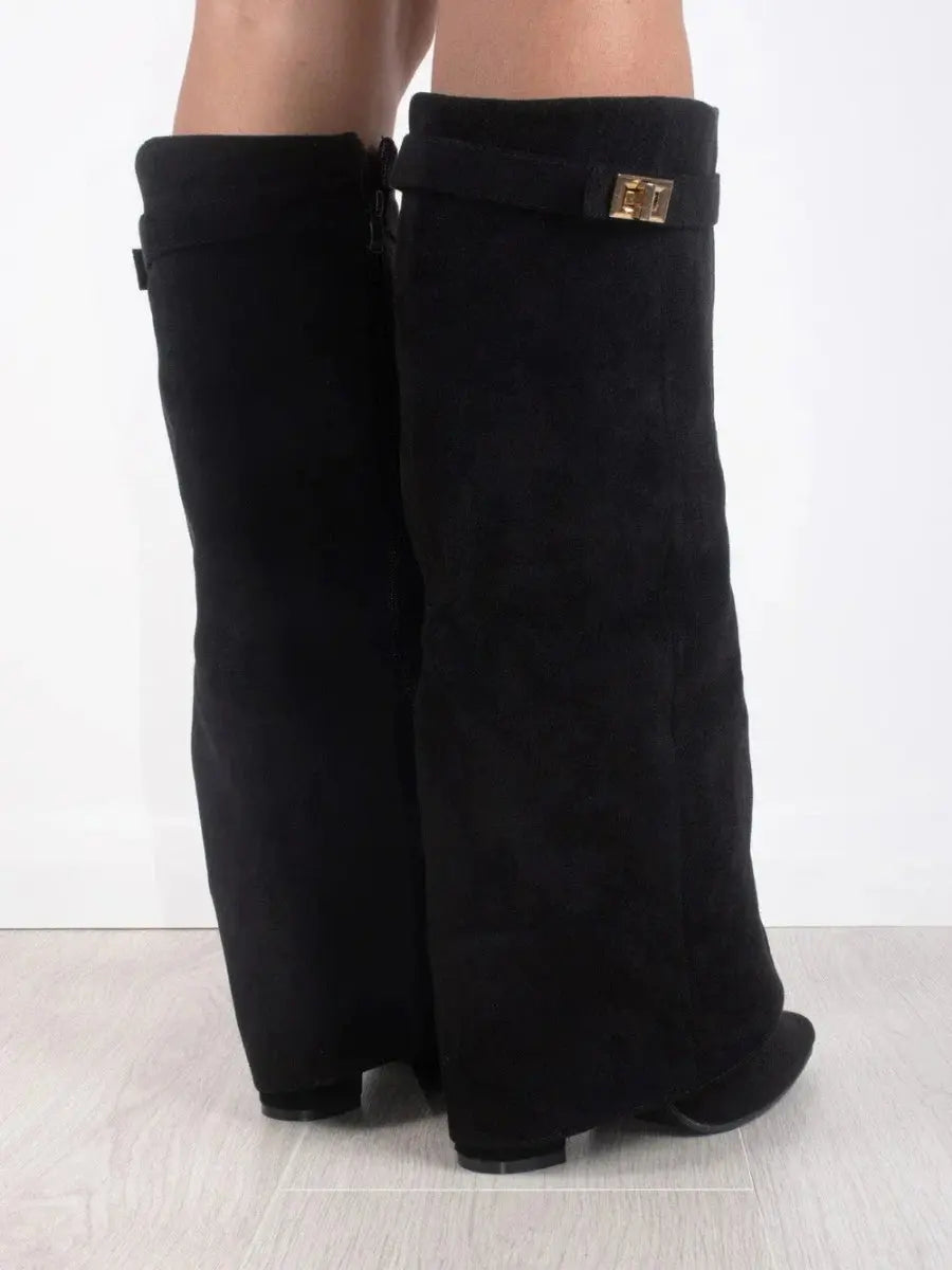 Women's Knee High Boots – Pointed Toe Fold Over Wedge Heel Side Zip Casual