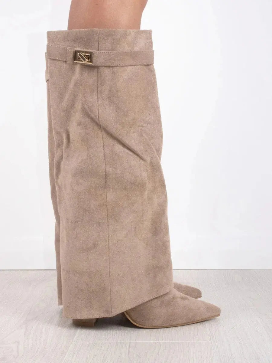 Women's Knee High Boots – Pointed Toe Fold Over Wedge Heel Side Zip Casual