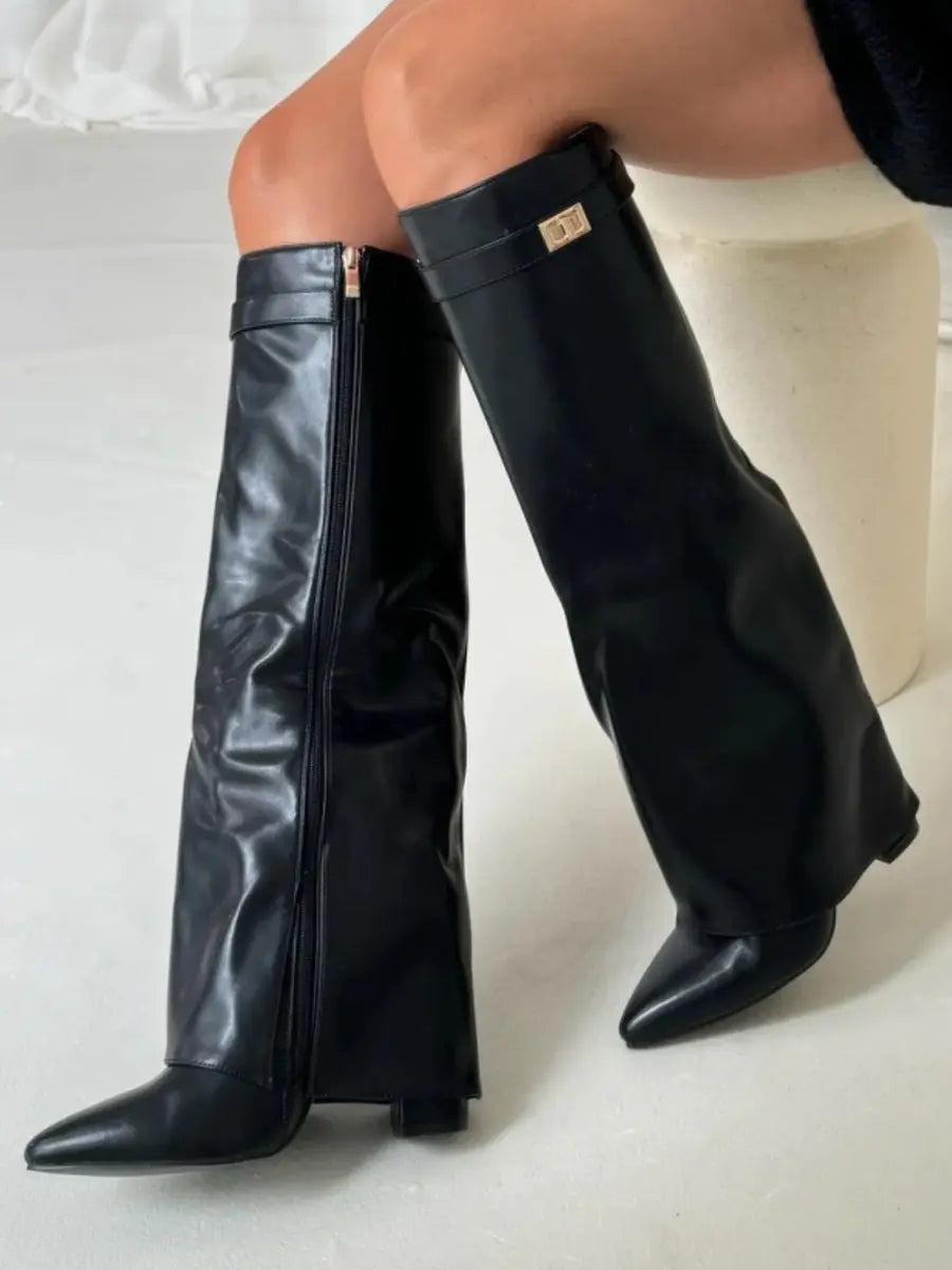 Women's Knee High Boots – Pointed Toe Fold Over Wedge Heel Side Zip Casual