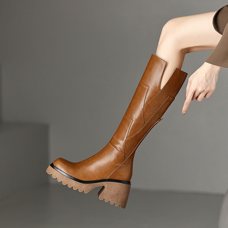 Women's Knee High Platform Boots – Chunky Heel Side Zip Casual Winter