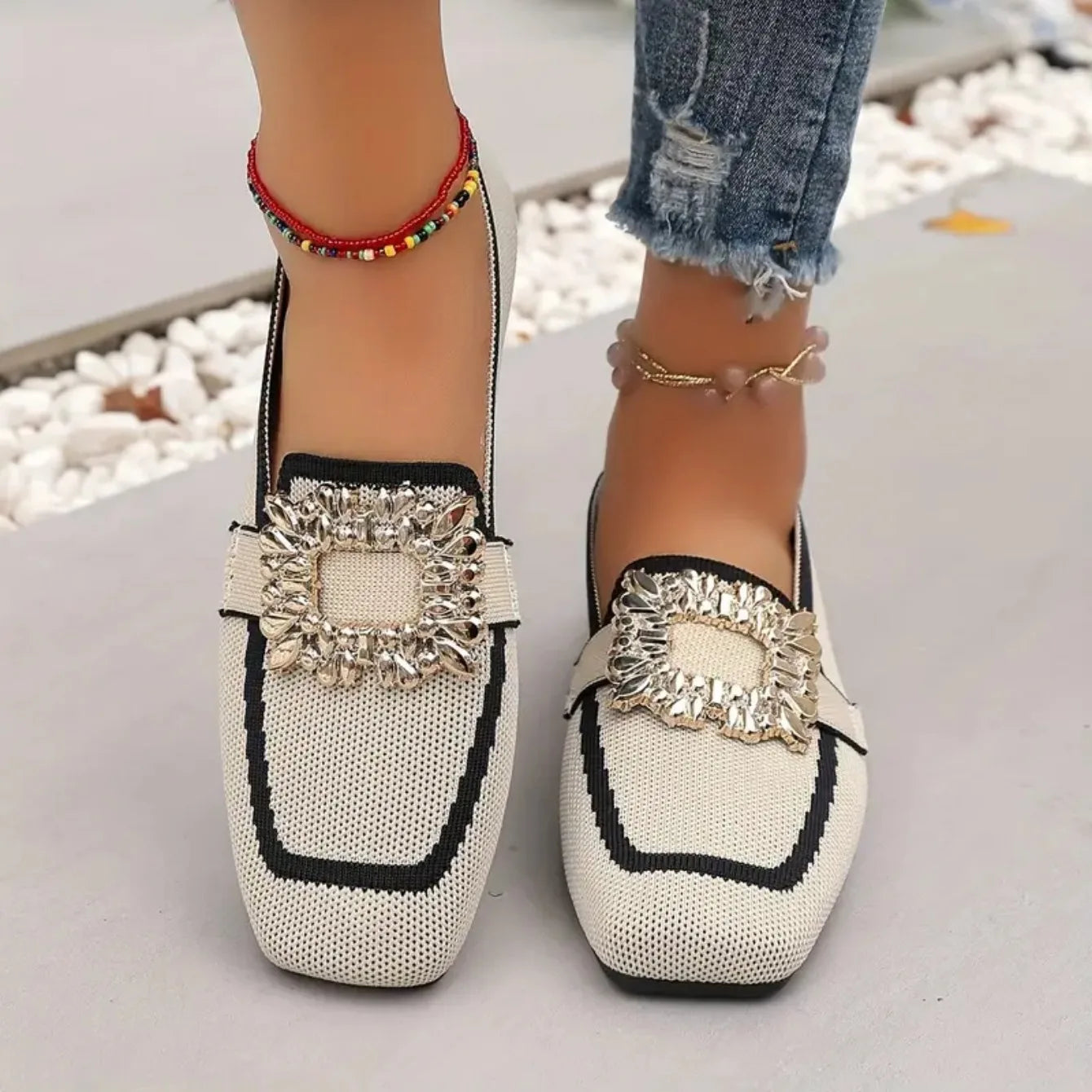 Women's Knit Colorblock Loafer – Square Toe Crystal Buckle Slip On Flat