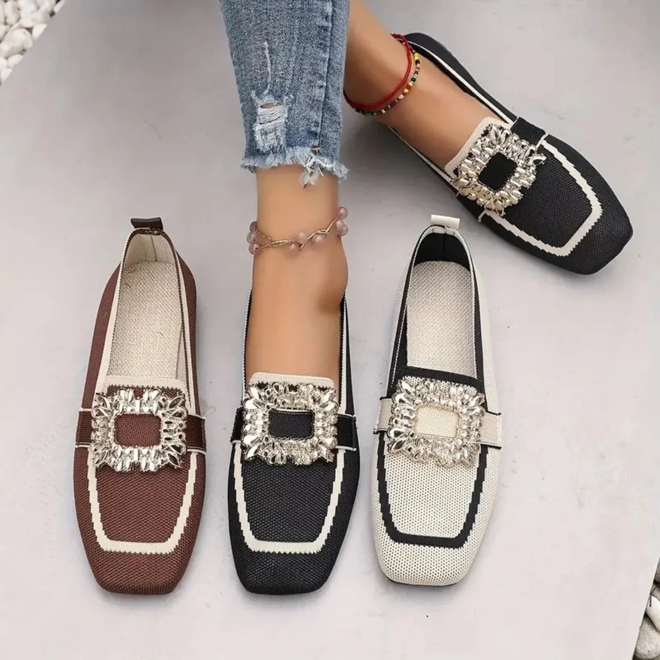 Women's Knit Colorblock Loafer – Square Toe Crystal Buckle Slip On Flat