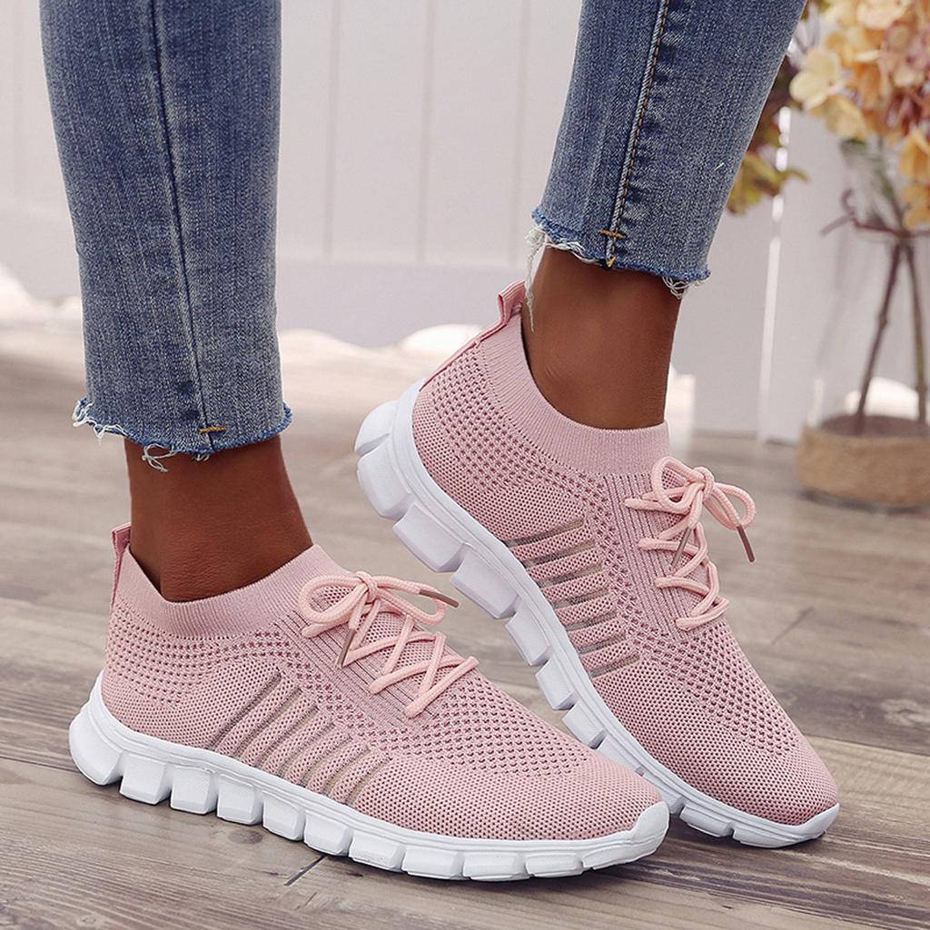 Women's Knit Mesh Lace-Up Sneakers – Side Stripe Casual Athletic Walking