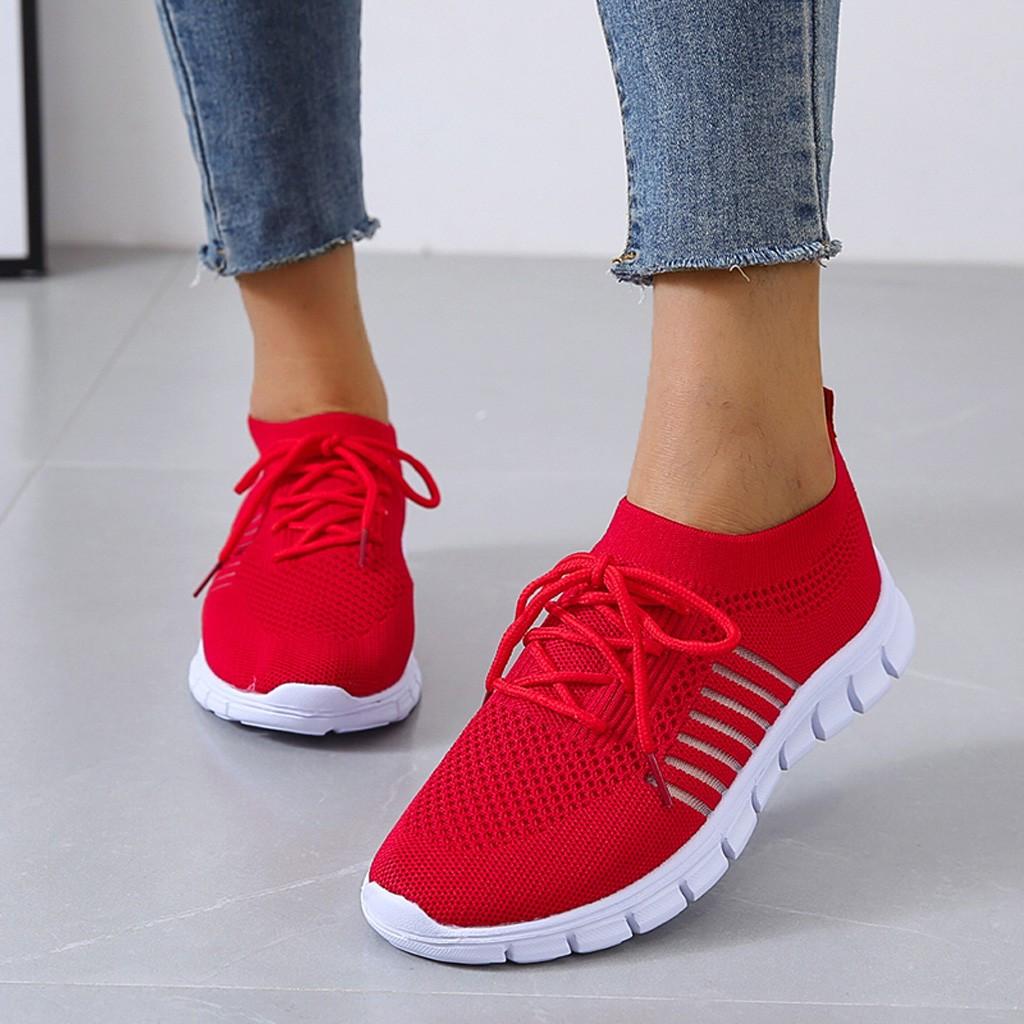 Women's Knit Mesh Lace-Up Sneakers – Side Stripe Casual Athletic Walking