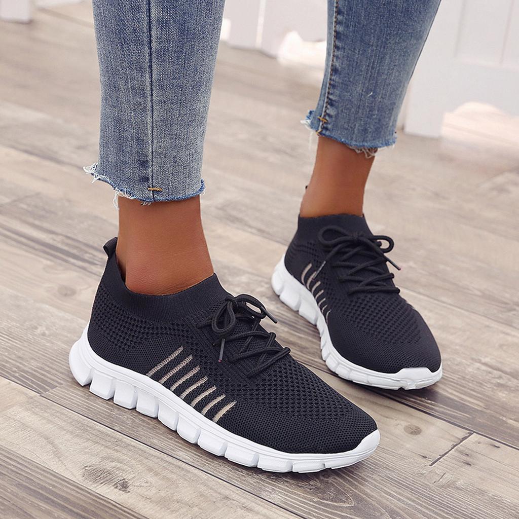 Women's Knit Mesh Lace-Up Sneakers – Side Stripe Casual Athletic Walking