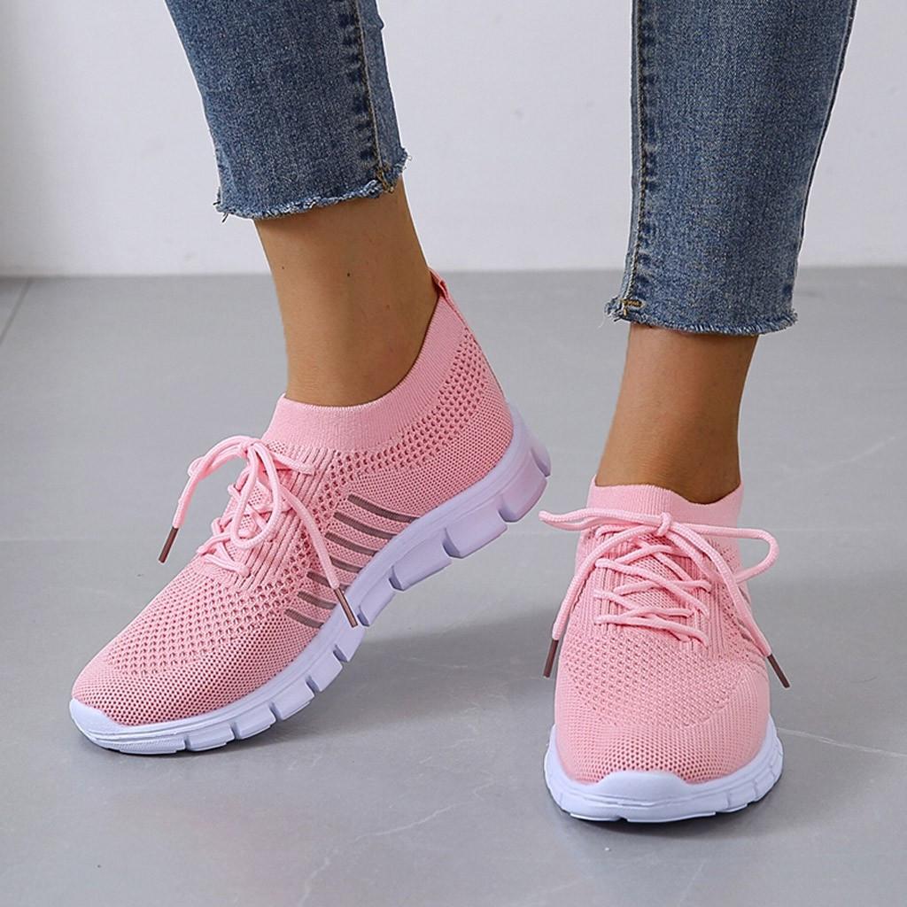 Women's Knit Mesh Lace-Up Sneakers – Side Stripe Casual Athletic Walking