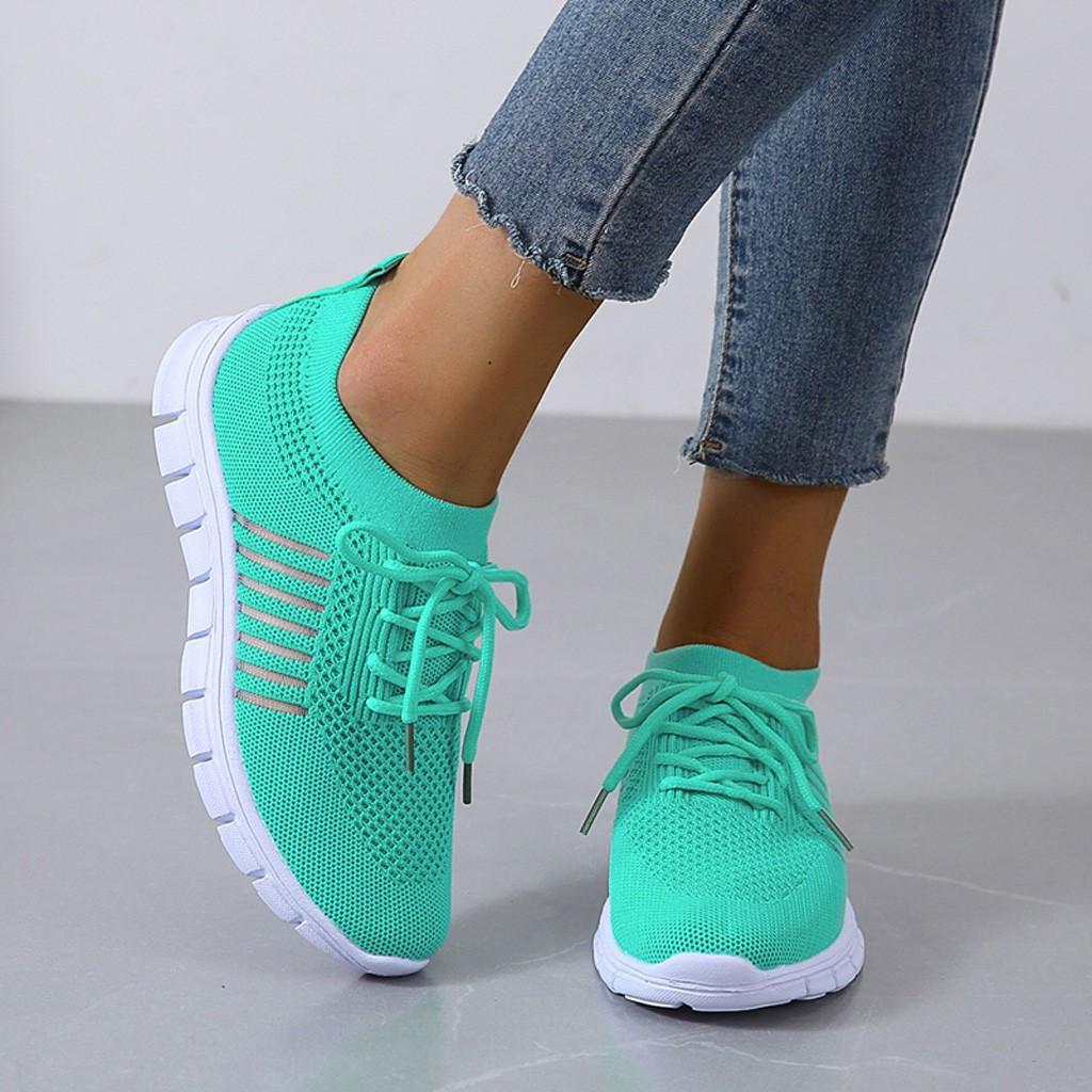 Women's Knit Mesh Lace-Up Sneakers – Side Stripe Casual Athletic Walking