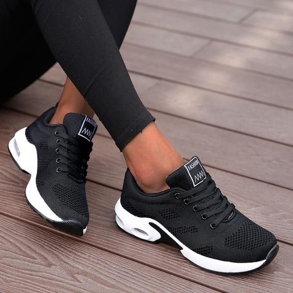 Women's Knit Mesh Running Sneakers – Lace Up Air Cushion Sole Colorblock