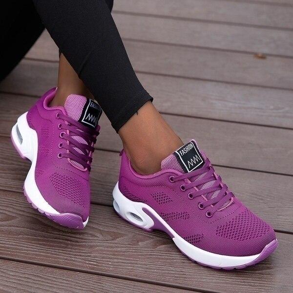 Women's Knit Mesh Running Sneakers – Lace Up Air Cushion Sole Colorblock