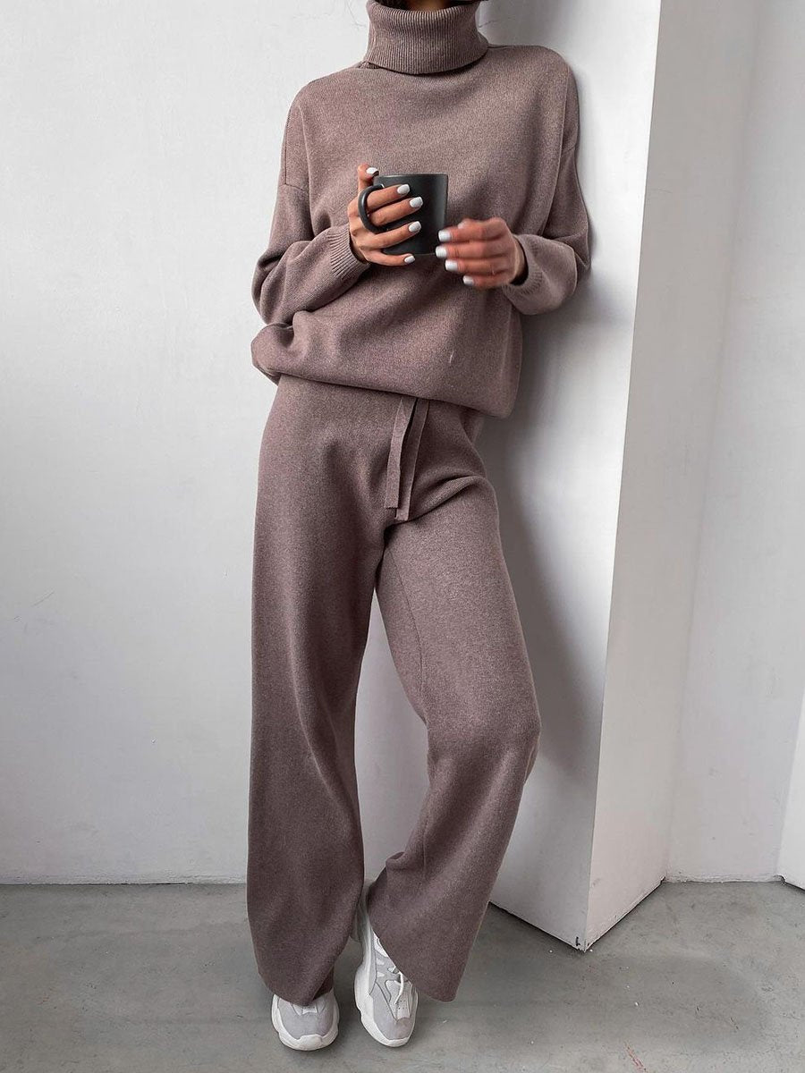 Women's Knit Turtleneck Sweater and Wide Leg Pants – Oversized Lounge 2 Piece Set