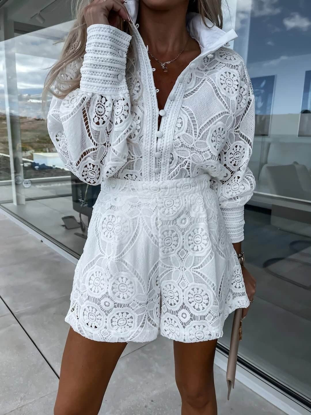 Women's Lace Long Sleeve Top and Shorts 2 Piece Set – Mock Neck Eyelet