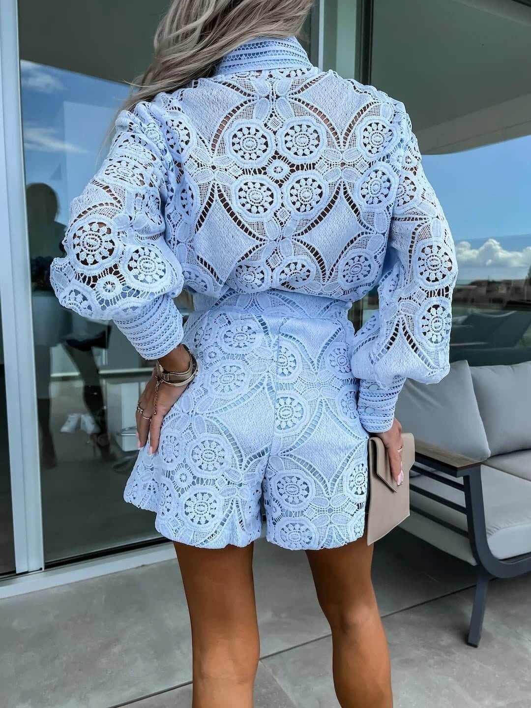 Women's Lace Long Sleeve Top and Shorts 2 Piece Set – Mock Neck Eyelet