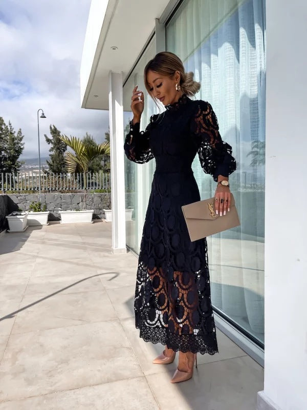 Women's Lace Midi Dress – High Neck Puff Sleeve A-Line Wedding Guest