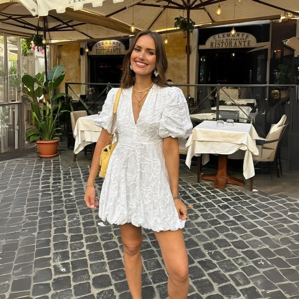 Women's Lace Mini Dress – V Neck Puff Sleeve Bubble Hem Wedding Guest