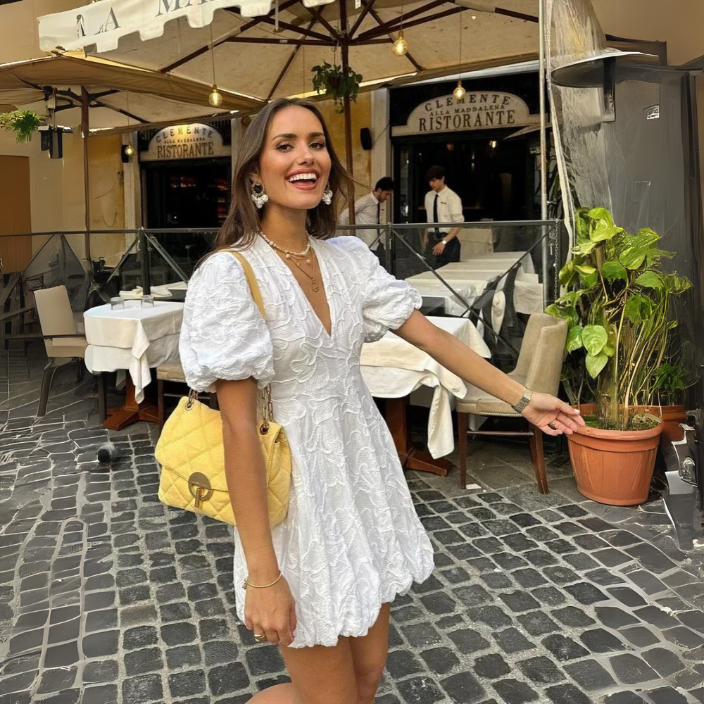 Women's Lace Mini Dress – V Neck Puff Sleeve Bubble Hem Wedding Guest