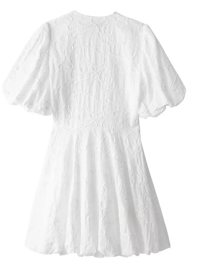 Women's Lace Mini Dress – V Neck Puff Sleeve Bubble Hem Wedding Guest