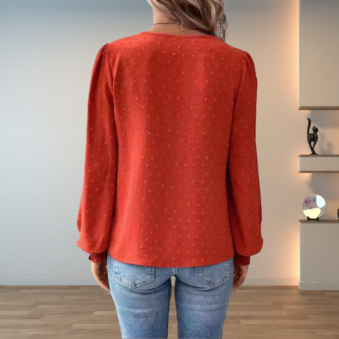 Women's Lace Panel Blouse – V Neck Swiss Dot Long Sleeve Casual Daytime