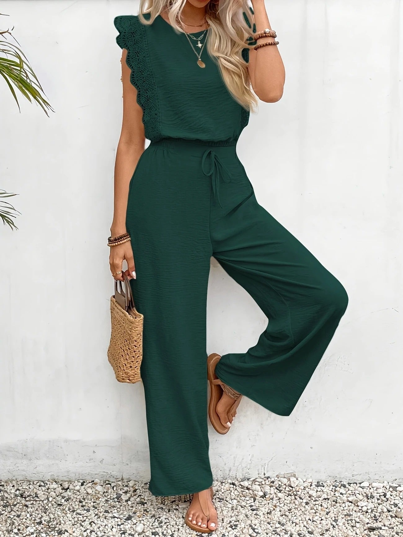 Women's Lace Trim 2 Piece Set – Sleeveless Top Wide Leg Pants Summer