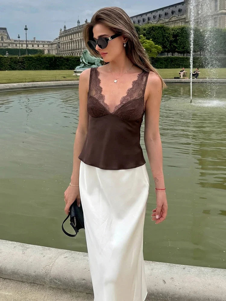 Women's Lace Trim Camisole Top – Deep V Neck Wide Strap Sleeveless Casual